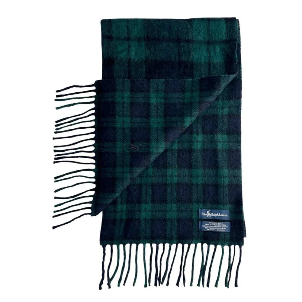 Polo Ralph Lauren Scarf Plaid Lambswool Blend Blue Green Black Tartan Classic